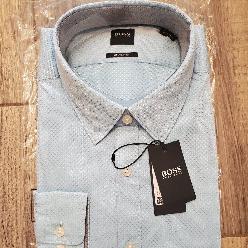 NWT HUGO BOSS Lukas Long Sleeve Blue Textured Shirt Mens XL